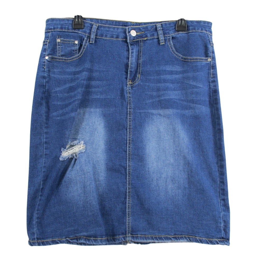 Buzz Jeans Womens Distressed Denim‎ Skirt Wash Blue Knee Length Sz 35 waist